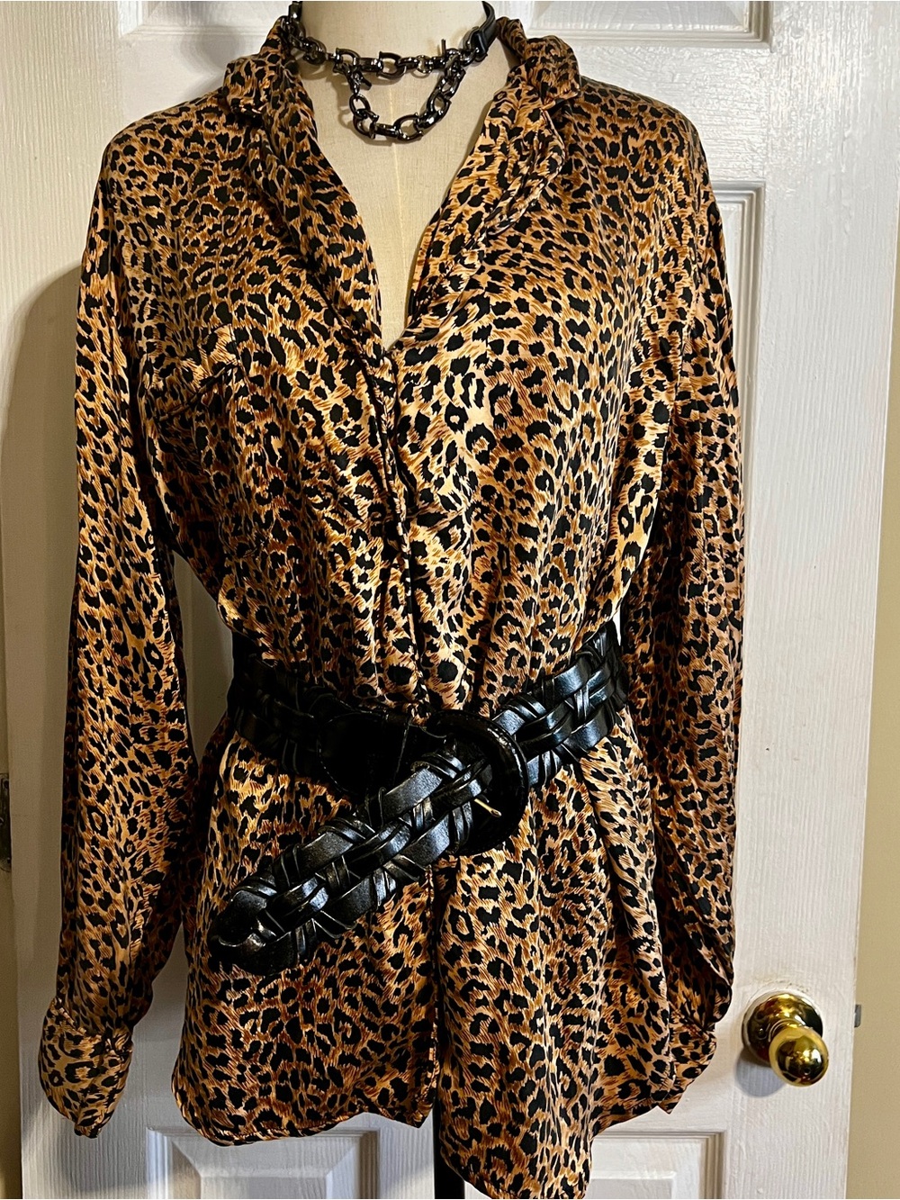 Vintage Black Leather Woven Braided Wide Chunky Boho Belt M